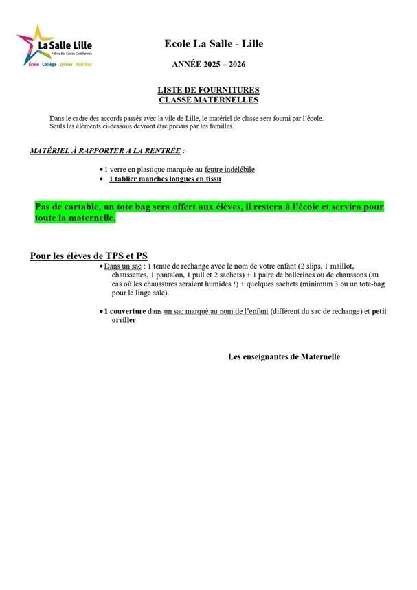 liste fourniture maternelles